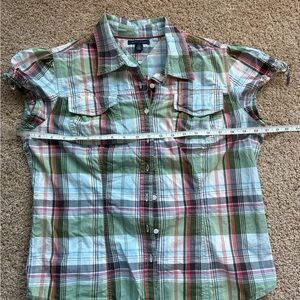 Tommy Hilfiger Womens Preppy Green Plaid Button Up Drawstring Cap Sleeve Size L